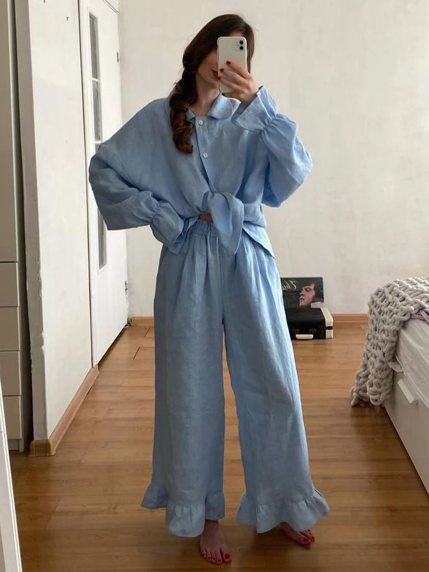 

Parc Fee Casual Loose Blue Cotton 2 Piece Sets Woman Outfit 2025 Elegant Long Sleeve Shirt With High Waist Wide Pants Set Female