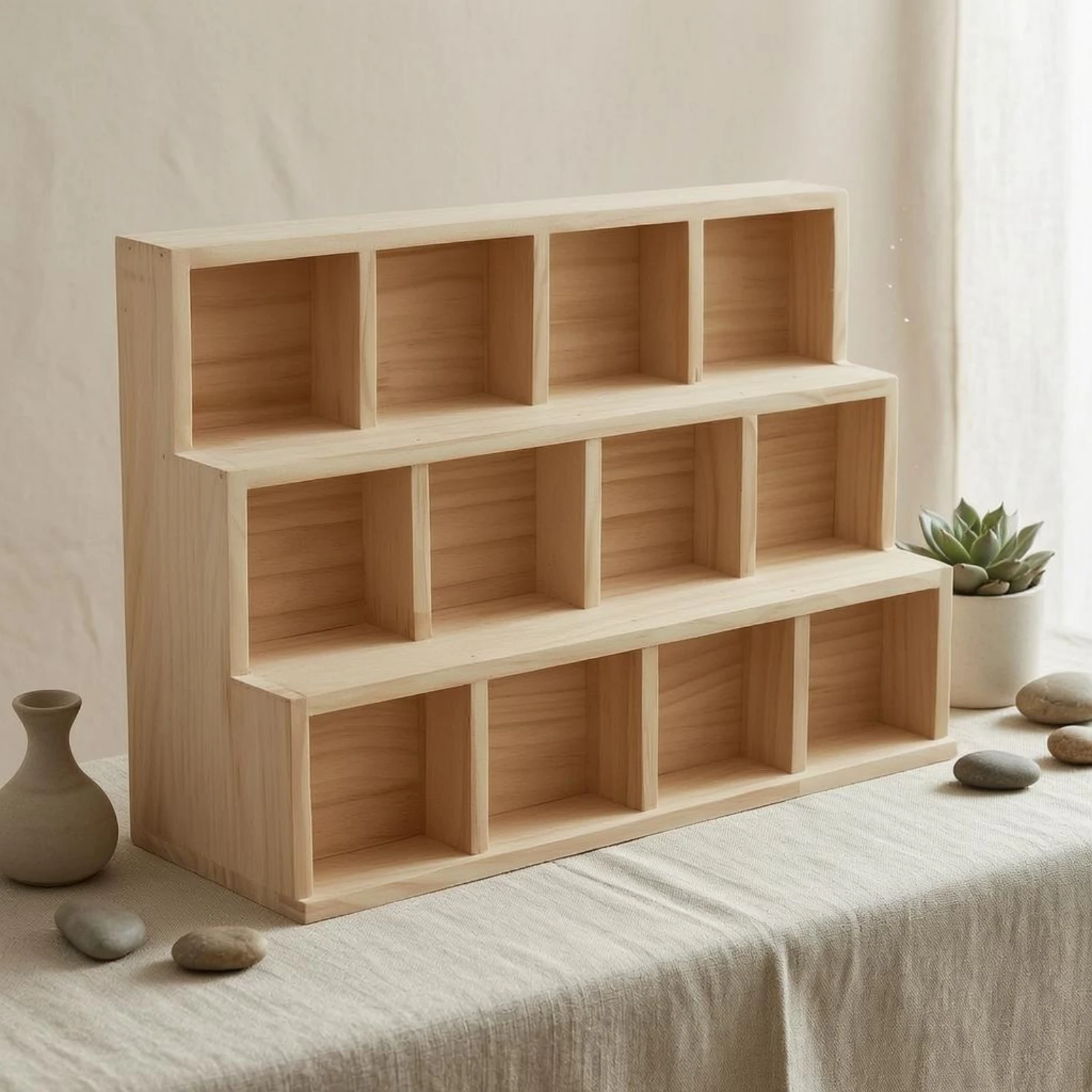 Pine Wood Desktop Storage Cabinet Stepped Design Scratch-resistant Organizer for Workspace Clutter Control