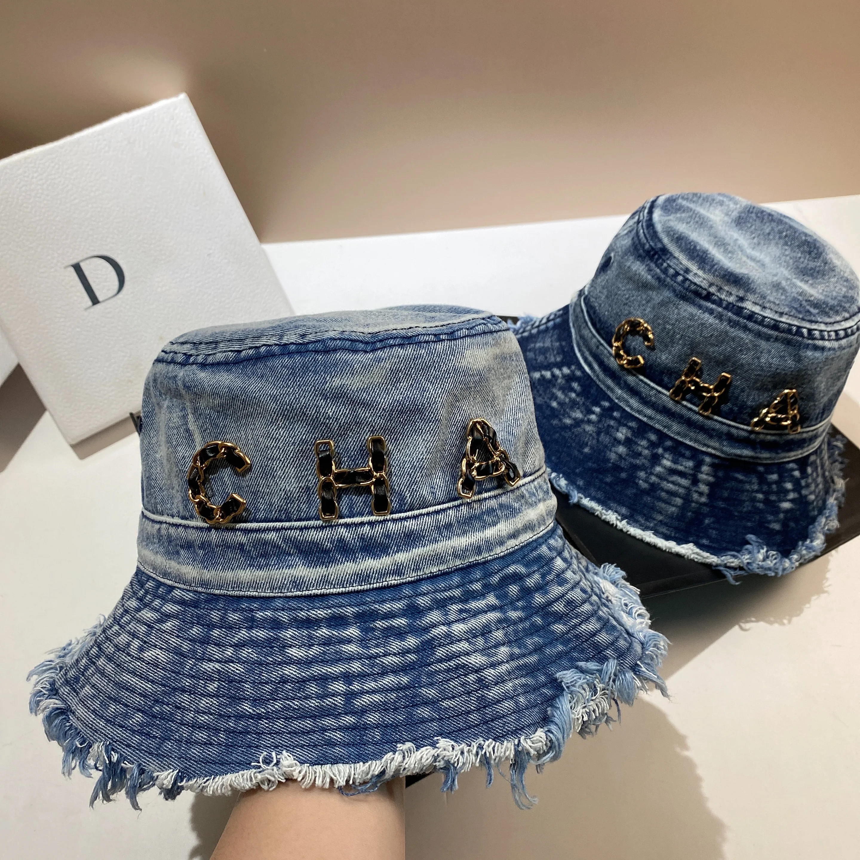 CHA letter washed denim fisherman hat fashion fringed large brim casual pot hat spring and summer travel visor hat