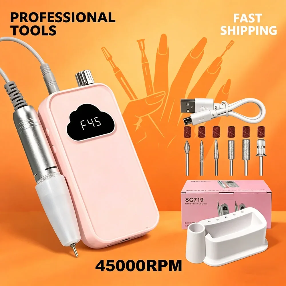 45000RPM Portable Electric Nail Sander File, Professional Rechargeable Nail Drill for Gel Nails Salon Use