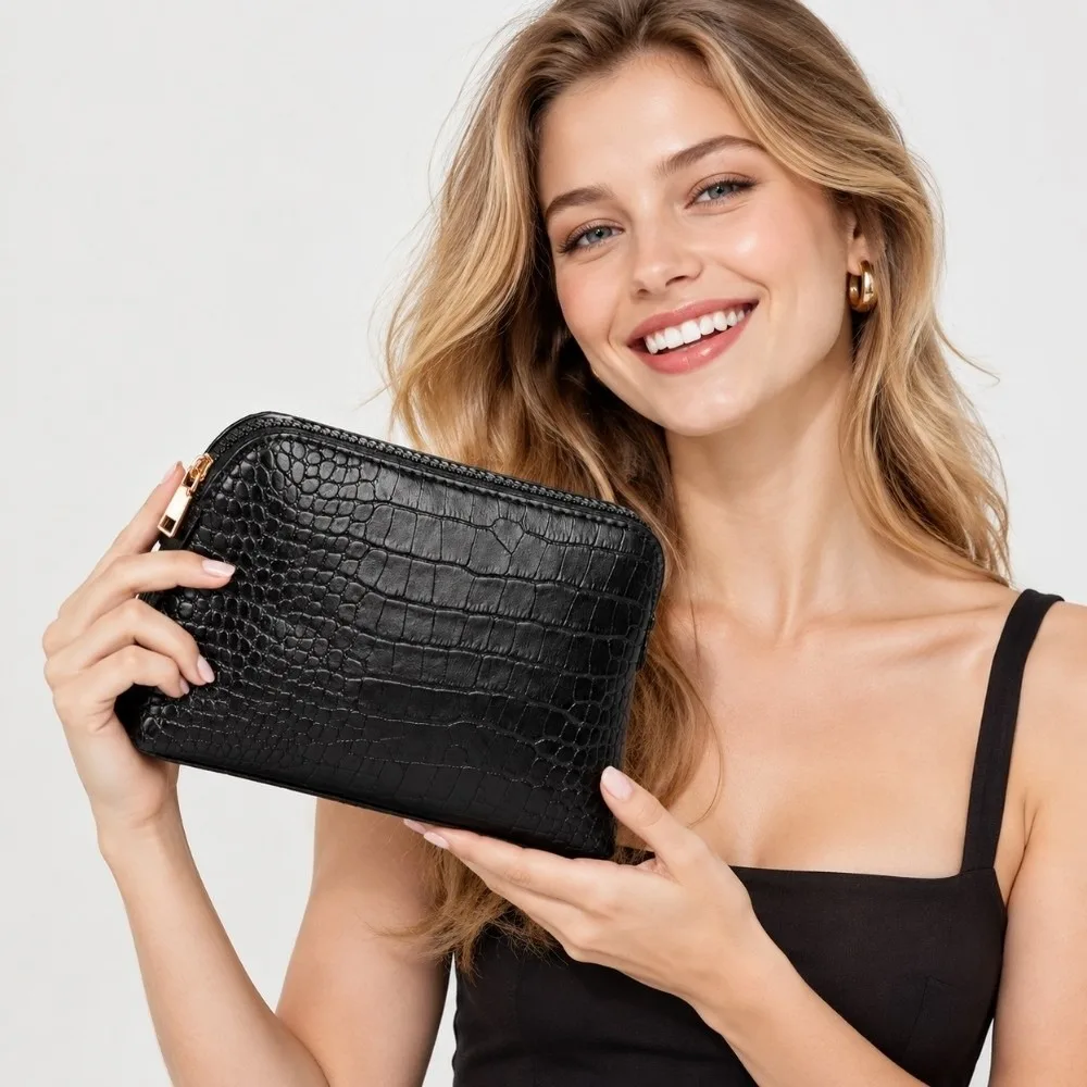 Luxury Crocodile Pattern Cosmetic Bag PU Leather Solid Color Make Up Bag Zipper Closure Travel Storage Pouch For Women