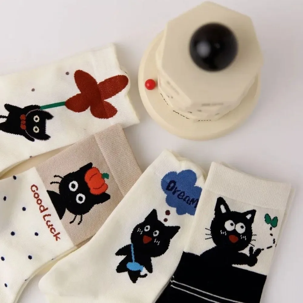 ถุงเท้าลายการ์ตูนแมวน่ารักสำหรับผู้หญิง 1 คู่ ถุงเท้าข้อกลางเนื้อนุ่มใส่สบาย ถุงเท้าลำลองผ้าฝ้ายแบบหลวมๆ ของขวัญ