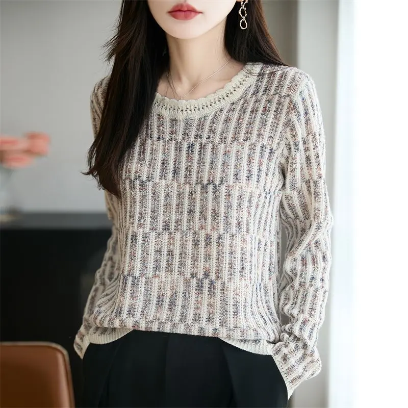 Women Clothes Autumn Winter Fashion All-match Temperament O-neck Knitting Female Contrasting Colors Loose Loose Pullovers Top Te