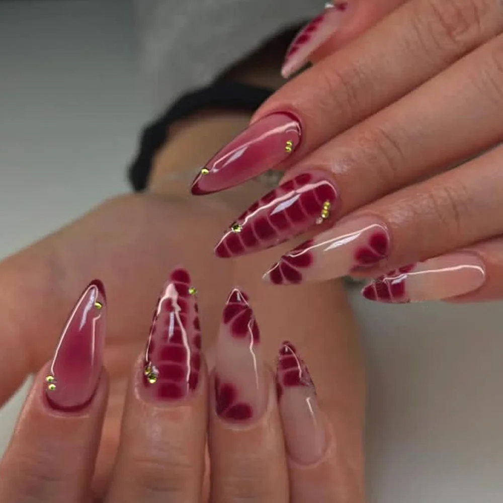 24Pcs Mid-length Almond French Press on False Nails with Wine Red Flower Smudge Manicure Tips Reusable Artificial Stick on Nail