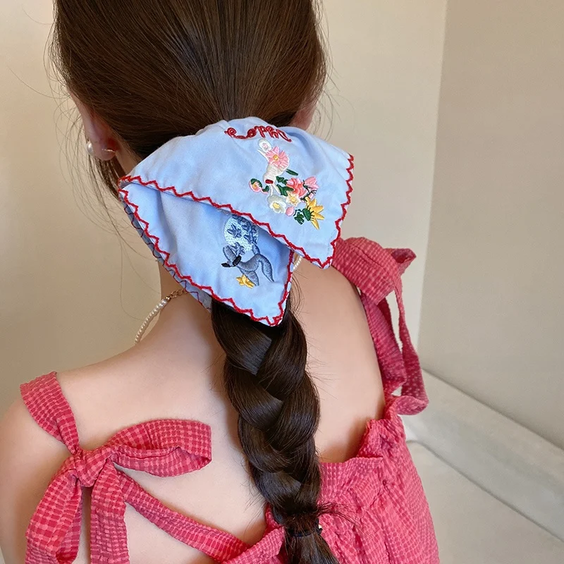 

Blue Embroidered Flower Square Scarf Hair Ties Vintage Print Large Elastic Band Faionable Square Hair Rings Sweet Sle