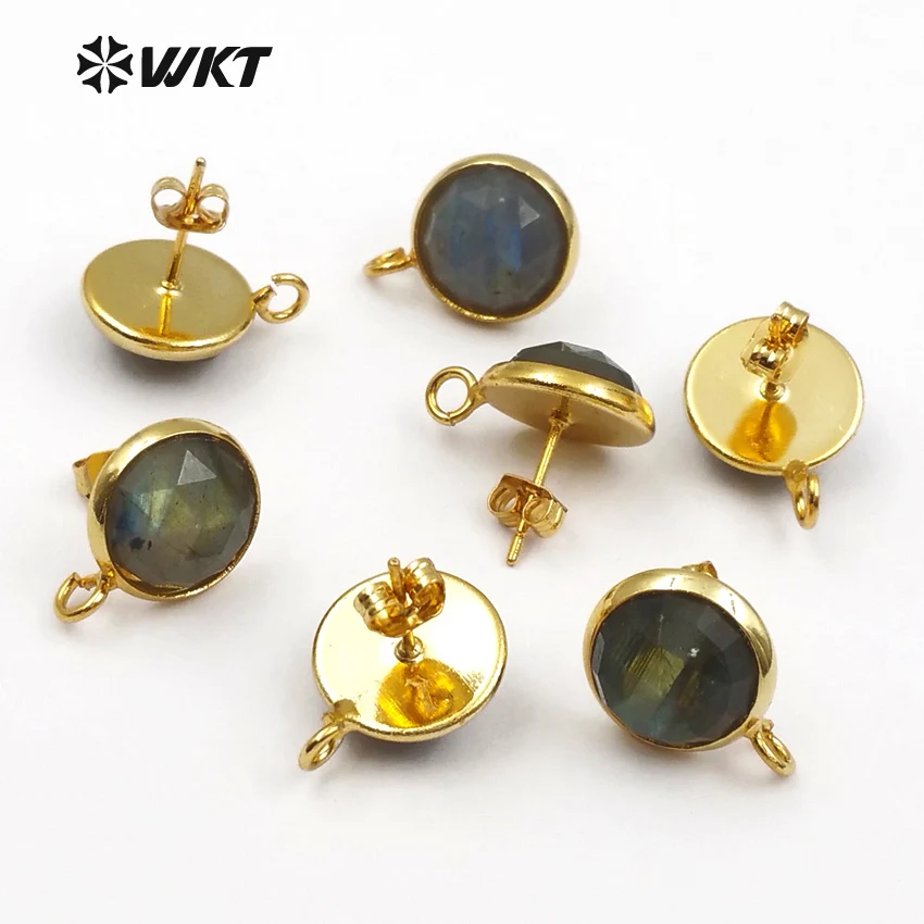 WKT WT-JF328 New Arrival Accessories Natural Labradorite Cut Section Round Gold Stud For Jewelry Making Earrings Connector