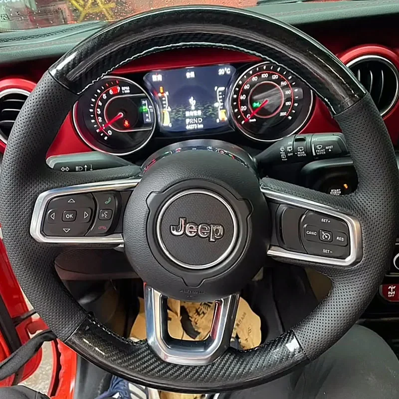Hand-Stitched Black Genuine Leather Non-Slip Car Steering Wheel Cover for Jeep Wrangler 2018-2021 Auto Parts