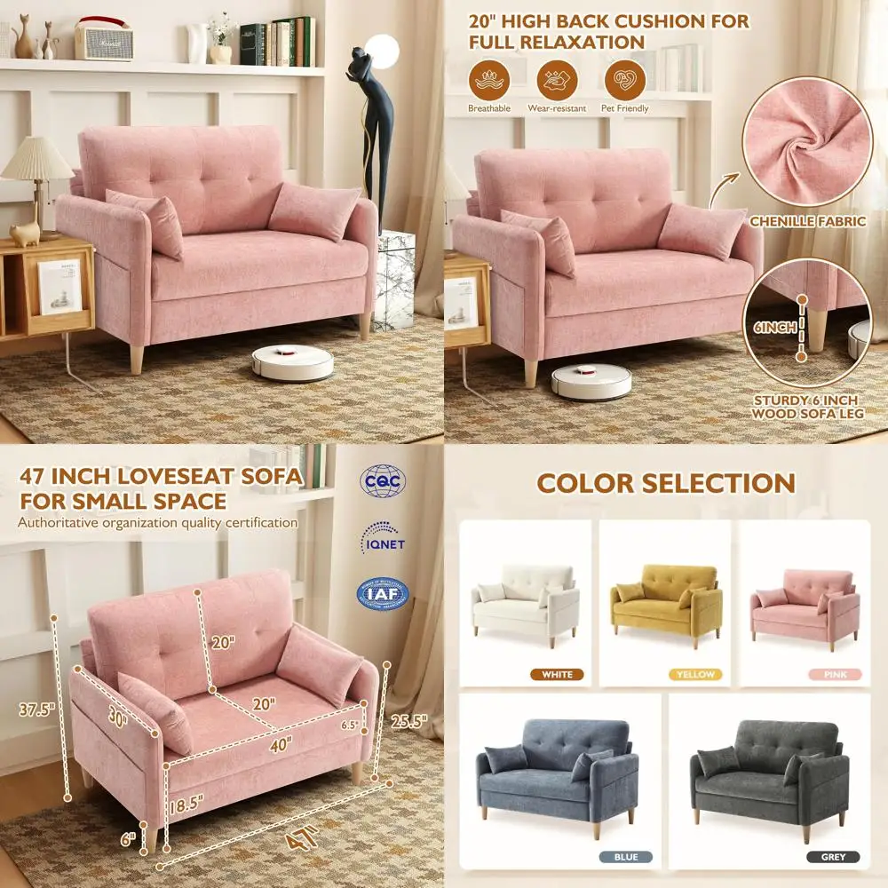 

compact chenille loveseat sofa with throw pillows and removable covers for cozy small spaces