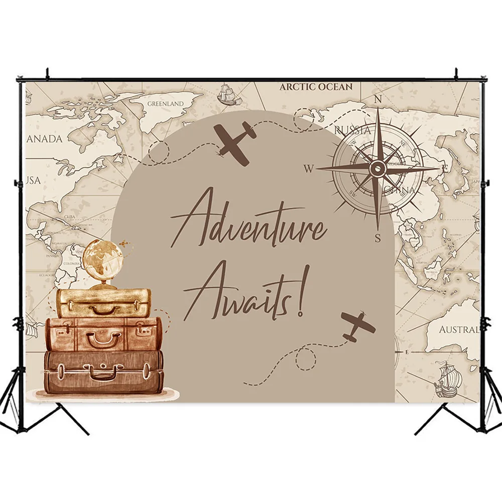 Adventure Awaits Backdrop Kids Baby Shower Birthday Background Boy Travel Photography Decor World Map Treasure Photo Studio Prop