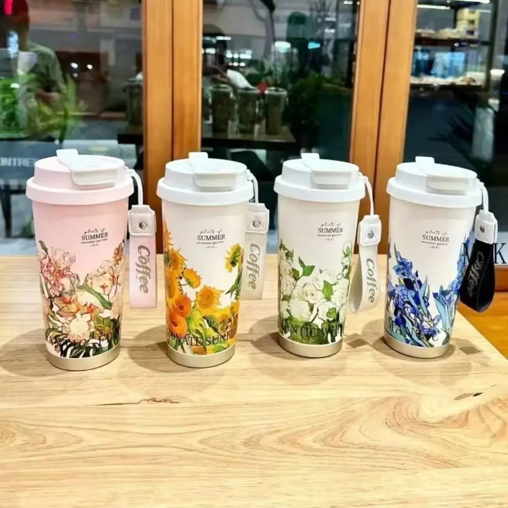 Valley Flower Cute Water Bottle With Straw 500ml 316 Stainless Steel Coffee Cup With Straw Leakproof Vacuum Insulated