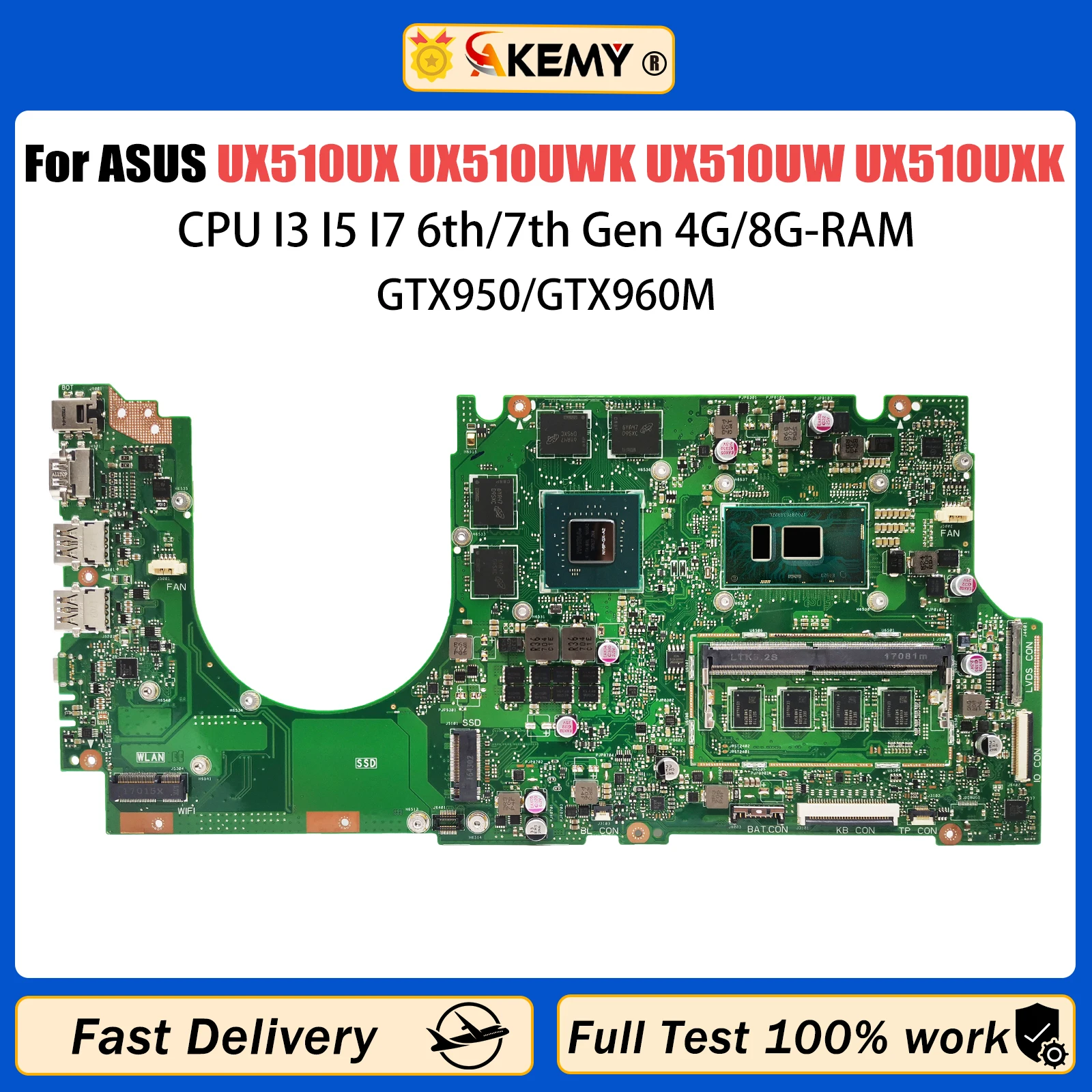 Motherboard Laptop UX510UX untuk ASUS ZenBook uxux510uw UX510UXK CPU Mainboard I3 I5 I7 6/7th Gen 4G/8G-RAM GTX950/GTX960M