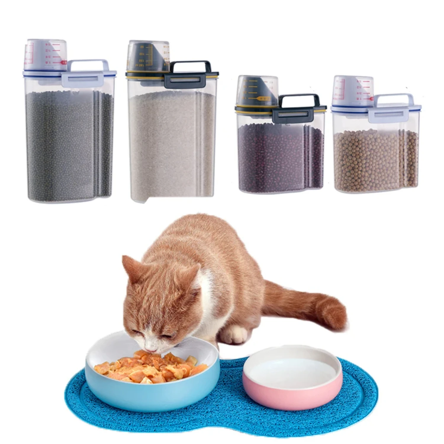 1.5/2L Waterproof Pet Food  Tank with Measuring Cup Sealed Container Leakproof Portable Buckets Dog Cat Feeder Dispenser