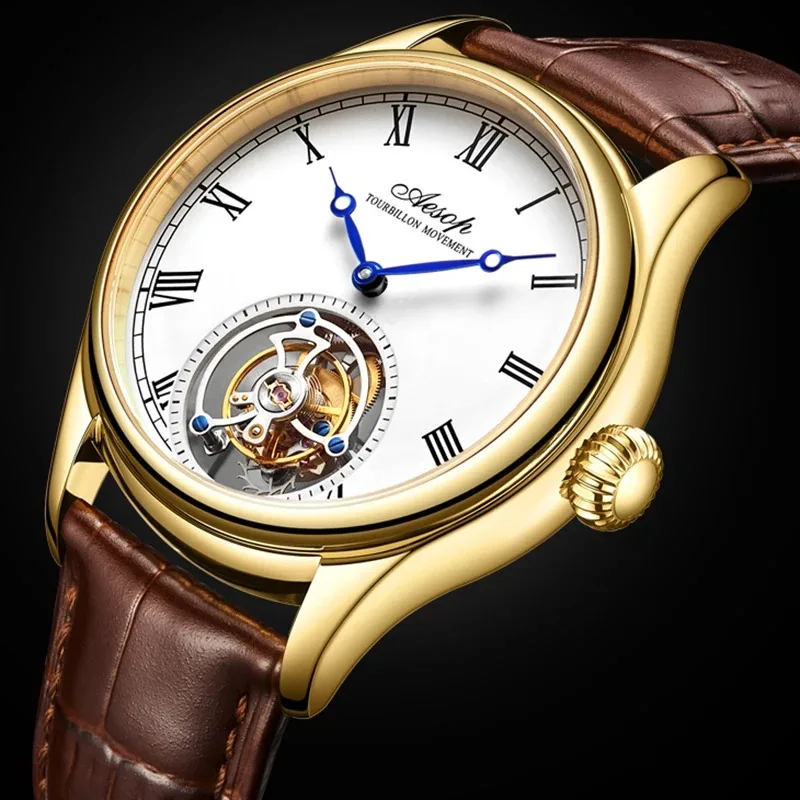

Men's Tourbillon Mechanical Watch Waterproof Elegant White Dial Brown Leather Strap Luxury Business Dress Wristwatch Gift