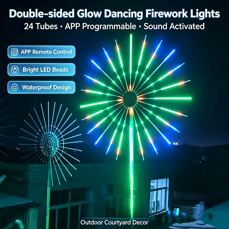 Sound Responsive Firework LED Lamp Built‑in Dual Speakers Outdoor Event Decorative Light
