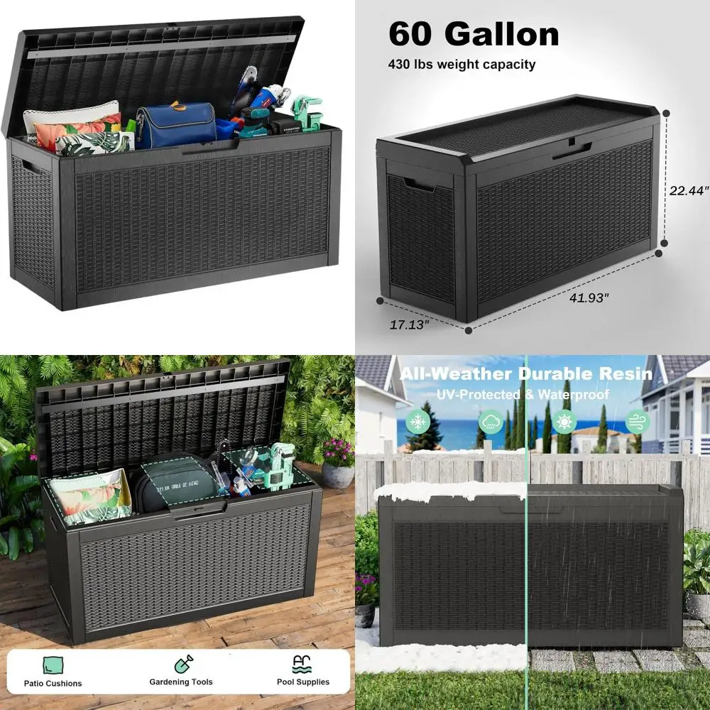 

Водонепроницаемая уличная скамья-бокс на 60 галлонов с замком для хранения принадлежностей для террасы, сада и бассейна - черная