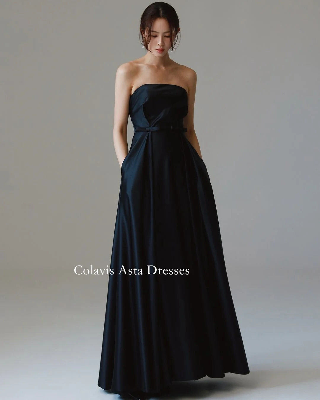 Colavis Asta Korea Strapless Elegant Evening Dresses with Pocket 웨딩드레스  Black Satin Custom Made Mermaid Prom Gowns Plus Size