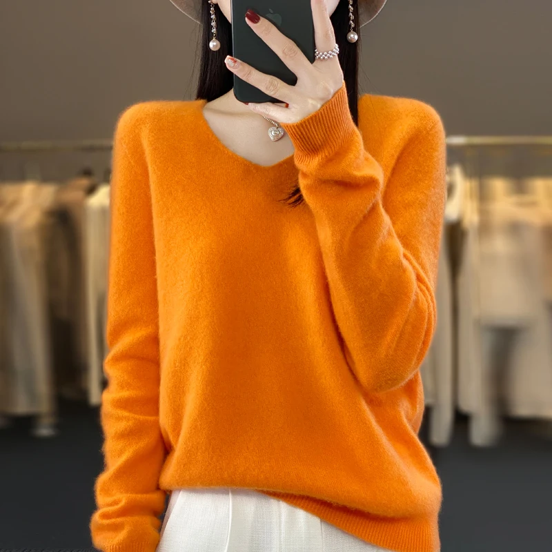 2024 100% Merino Pure Wool V-neck Autumn And Winter Pullover Sweater New Cashmere Sweater Women\'s Casual Knitted Top DMR201