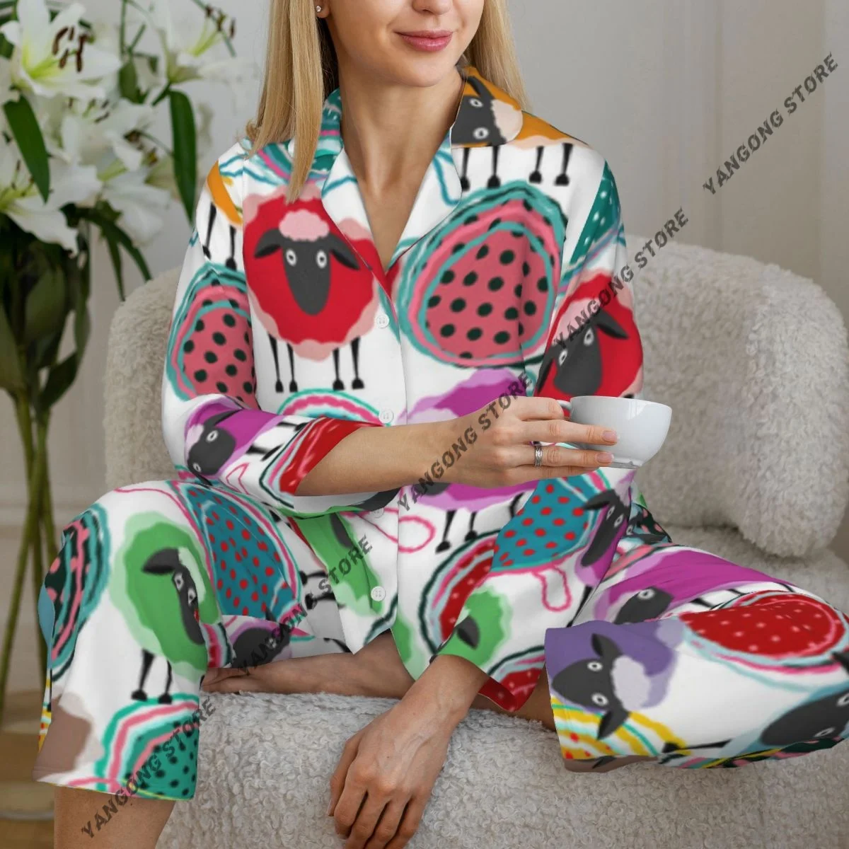 

Spring and Autumn Pajama Set Women's Long Sleeve Pants Two Piece Colorful Sheep And Yarn Balls Pattern Home Furnishing Set