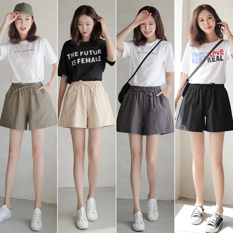 Women Shorts Spring Summer 2025Loose Linen Cotton Solid Casual Korean Wide Leg Pant Drawstring Elastic Waist Bikers Shorts