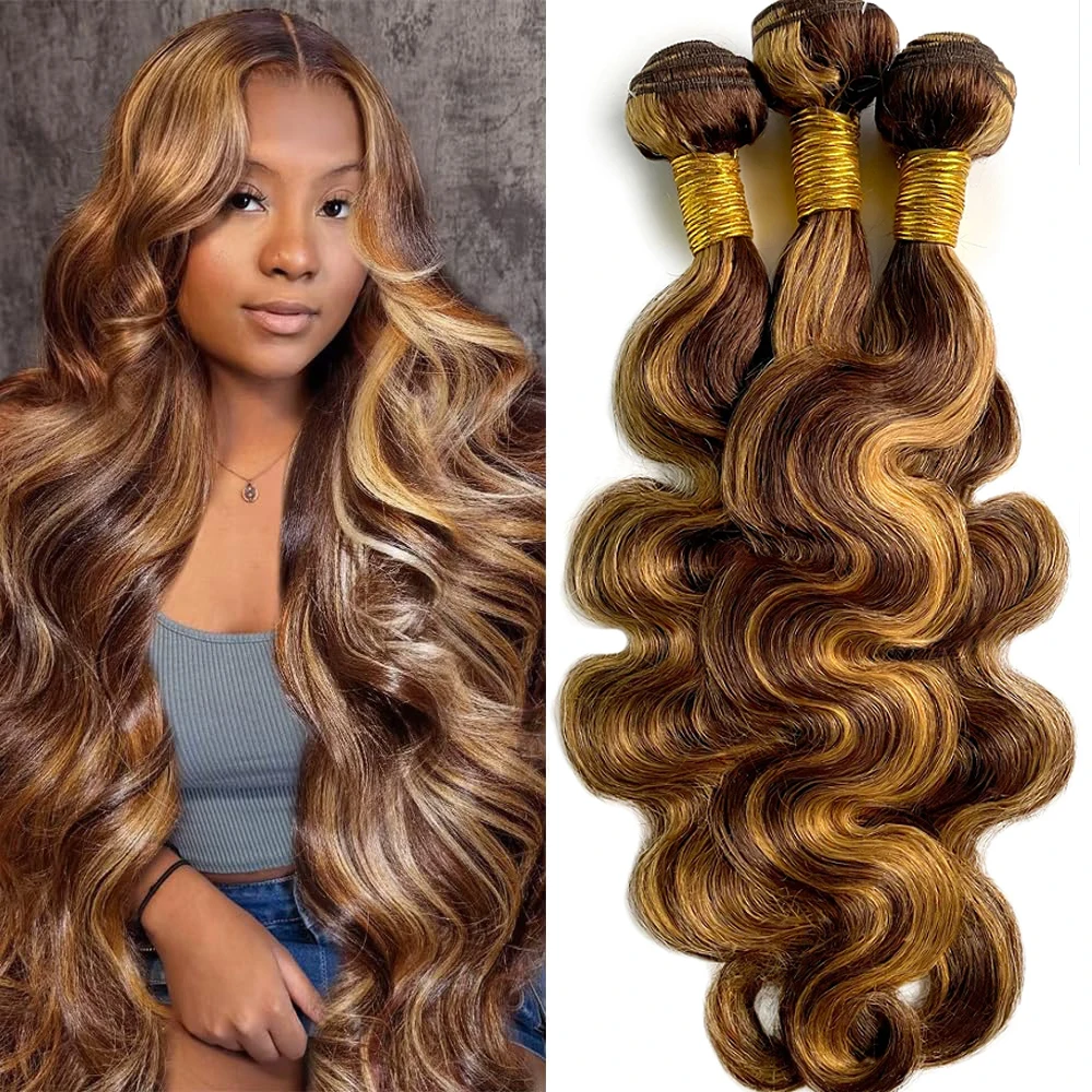 

P427 Пучки объемных волн Темно-коричневые и медовые блондинки Пучки человеческих волос Шоколадно-коричневые со светлыми бликами Волосы объемной волны