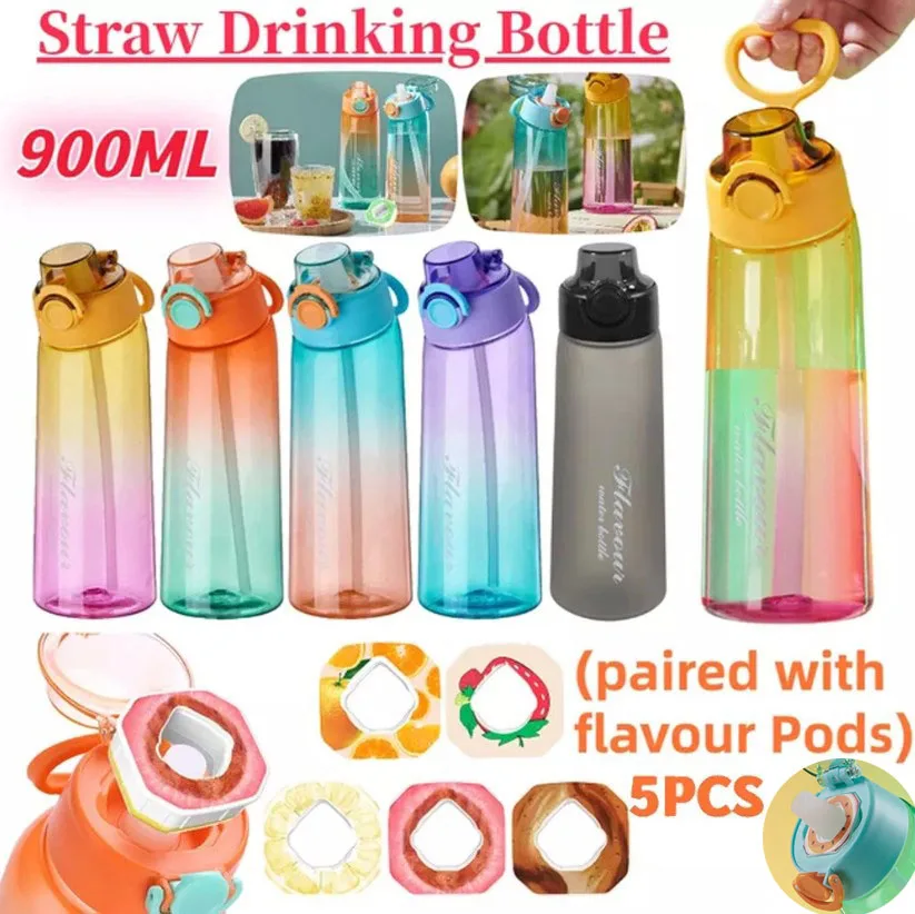 

900ML Air Flavored Water Bottle 5PCS Flavor Pods 0 Sugar 0 Calorie Tritan Straw Mug Water Bottle Flavouring Drinking Bottle