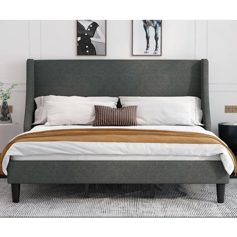 Modern Deluxe Wingback Q#l Platform Bed Frame With Upholstered Headboard,