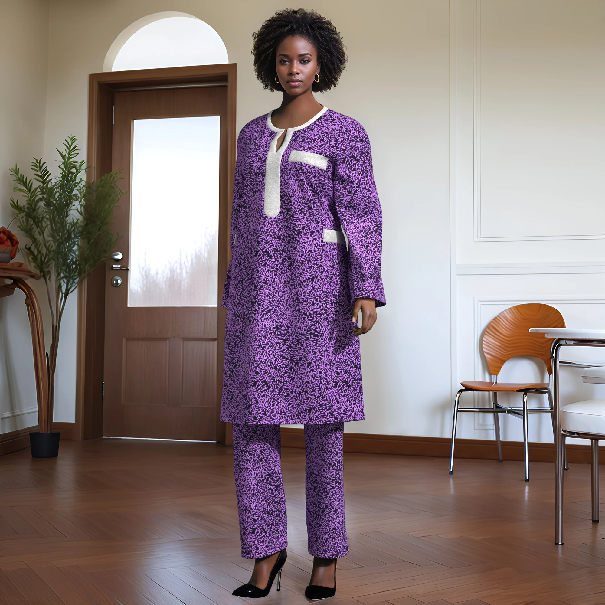 

African Print Women's 2 Piece Set Long Sleeve Knee Length Top +Pocket+ Pants Daily Wear Outfit with Sequin Trim Neckline WY10450