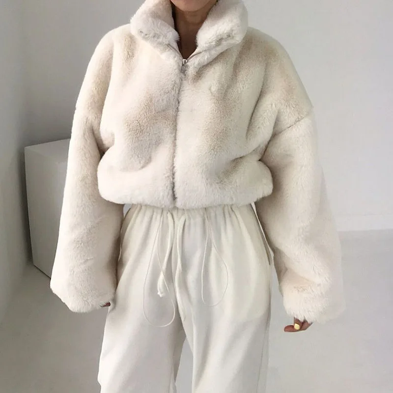 Cropped Faux Fur Jacket Coat Women Vintage Streetwear Stand-up Collar Rabbit Fur Outerwear Autumn Winter Thick Warm Plush Jacket