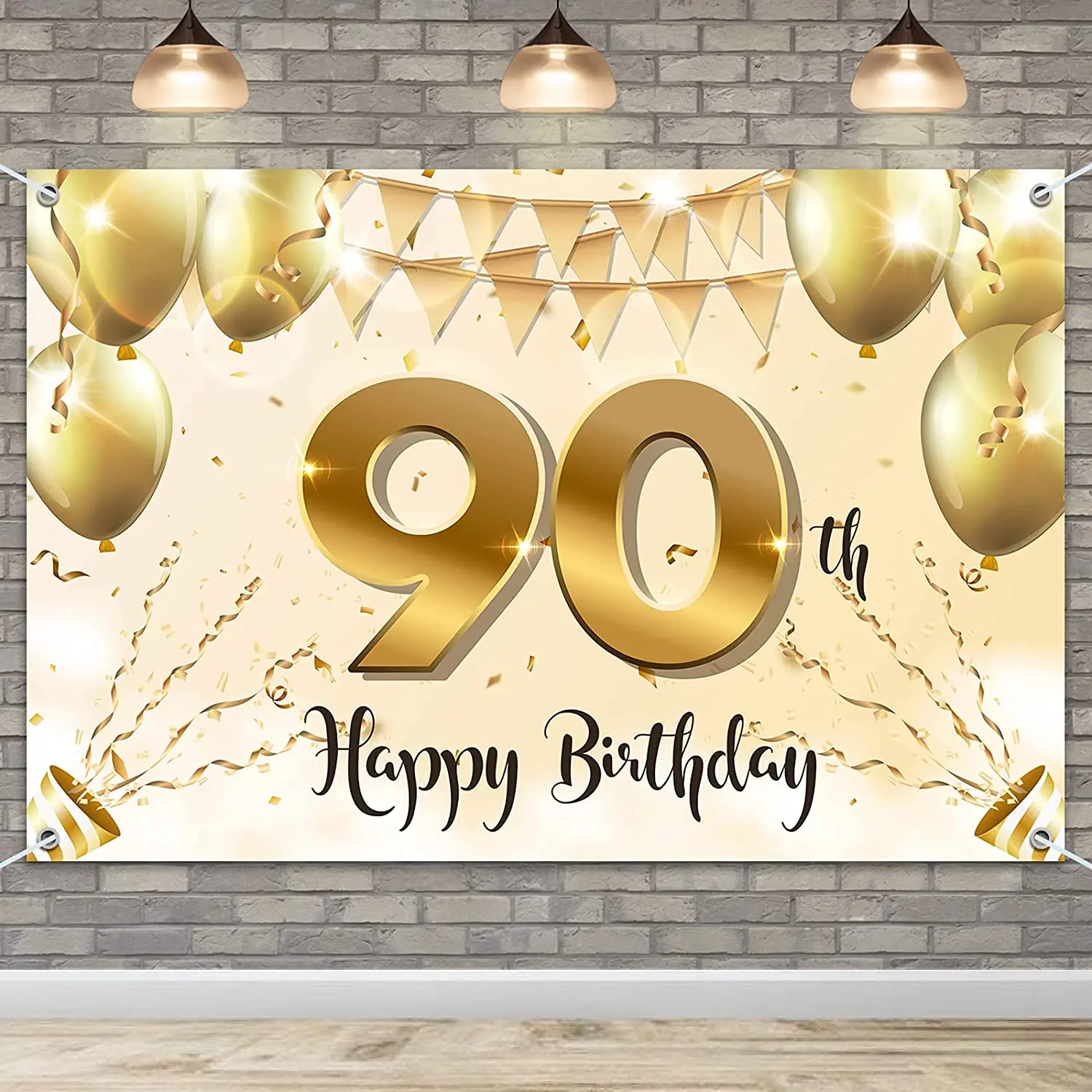 Happy 90th Birthday Backdrop Party Decoration Banner Poster 90 Years Old Booth Champagne Gold Balloon Background for Women Men