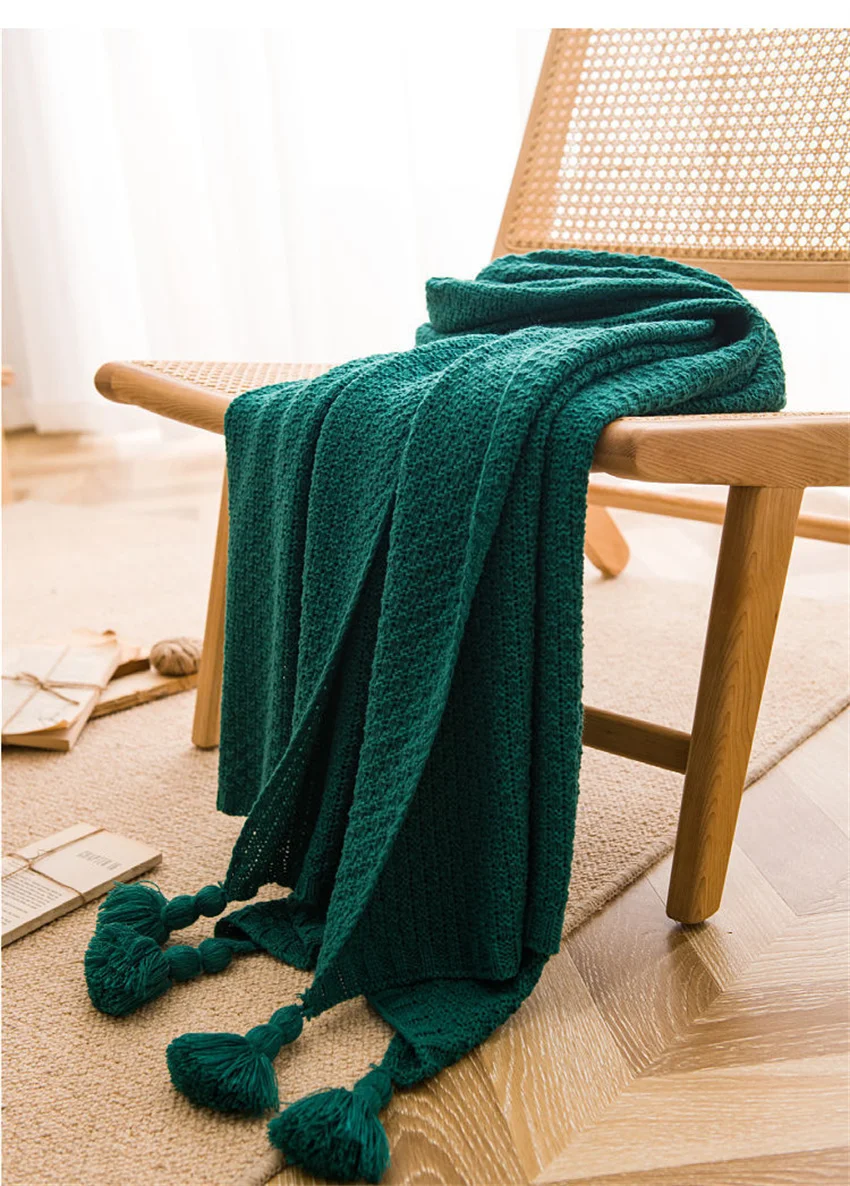 Nordische Decken für Bett, Sofa, Couch, grob gestrickte Tagesdecke, gestrickte Überwurfdecke mit Quaste, einfarbige Waffel-geprägte Decke – Detail 13
