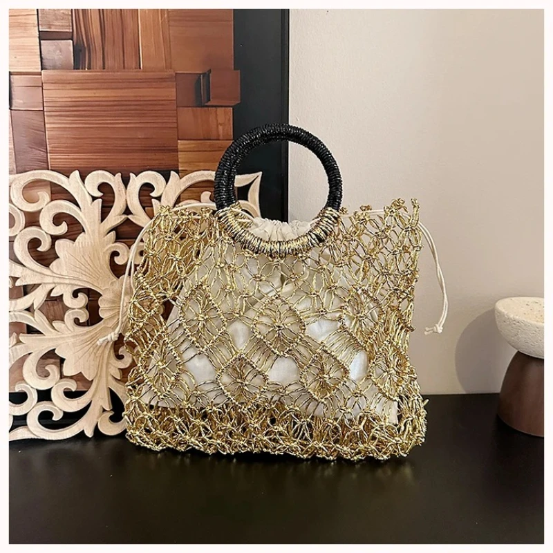 Women Bags Golden - Glänzende Goldene Hohlgewebte Handtasche Luxuriöse Glitzer-Netz-Abendtasche