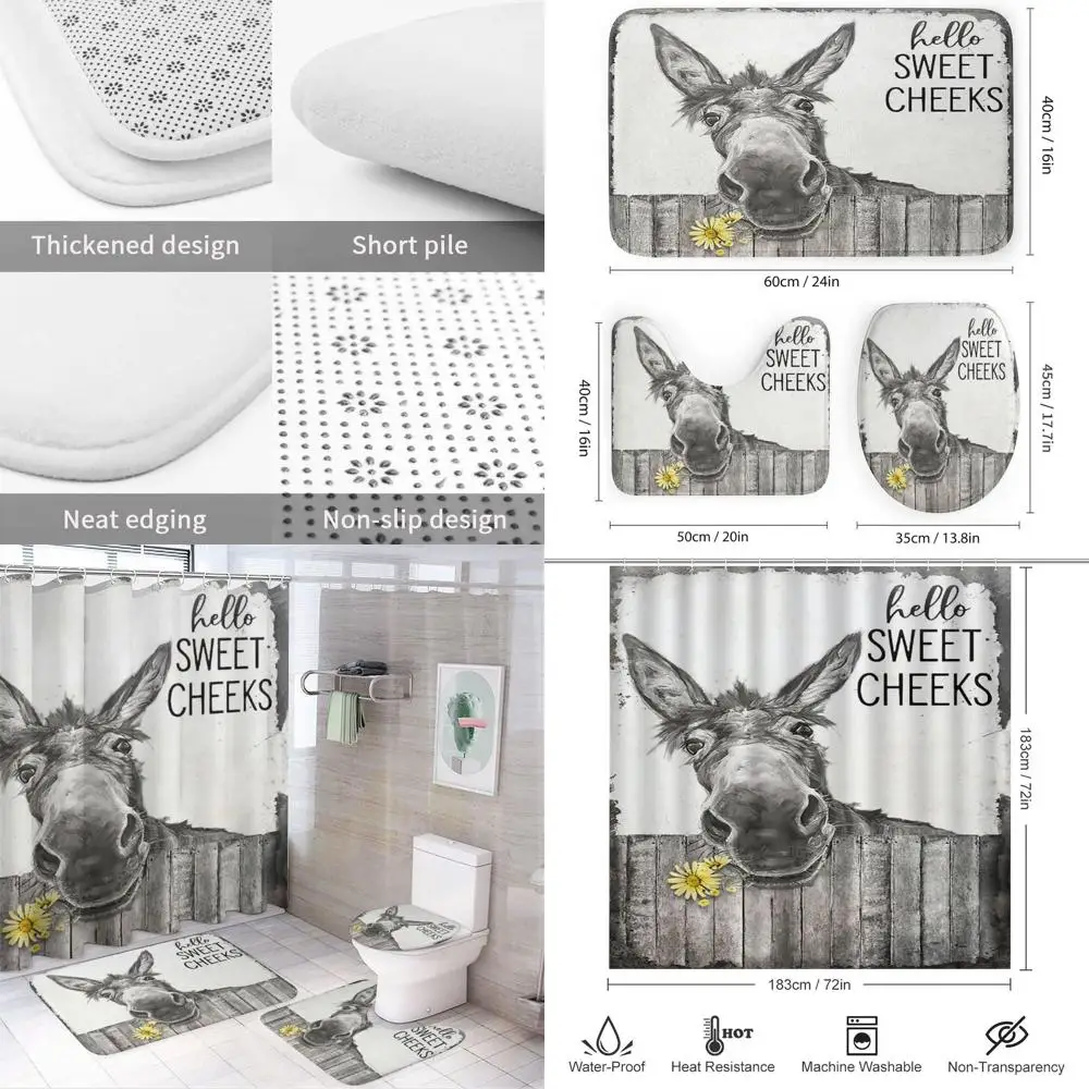 

Black and White Donkey Farmhouse Style Shower Curtain Set with Non-Slip Mat and Toilet Rug