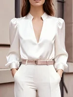 Elegant Women's Satin Blouse with Puffed Sleeves and V-Neck Design – Chic Pink Silk-Look Top - Image 5