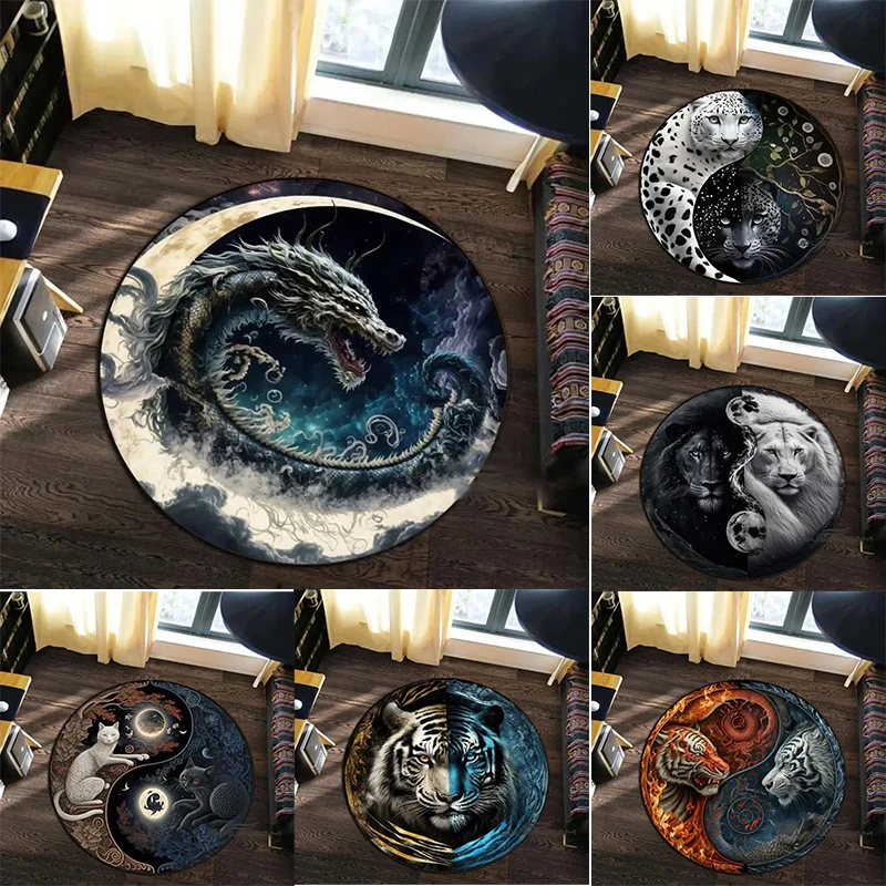 Animal Art Style Round Carpet 3D Printed Coiling Dragon Crouching Tiger Lion Pattern Living Room Mat Coffee Table Foot Mat