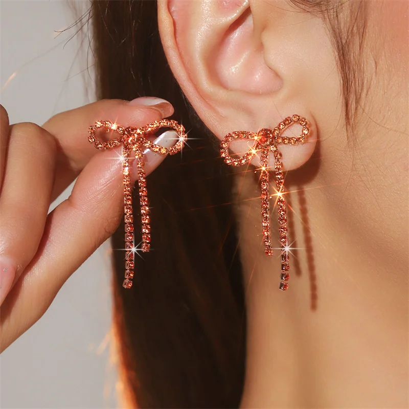 Elegante Strass-Schleifen-Quasten-Ohrringe für Frauen, lebendige, zarte, bunte Kristall-Quasten-Ohrringe, Party-Schmuckzubehör – Detail 7