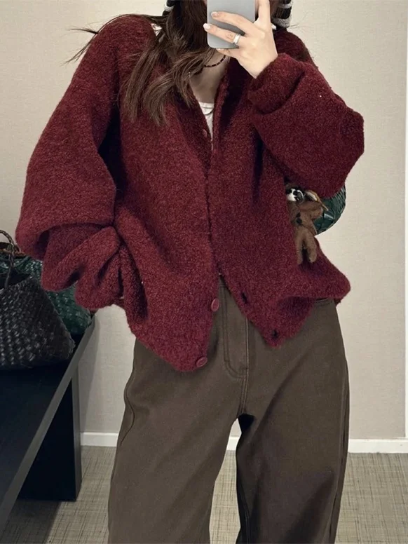 

Knitted round Neck Cardigan Alpaca Circle Women's Woolen Long Sleeve Casual Style Knitwear Casual Style Wool Blend Cardigan