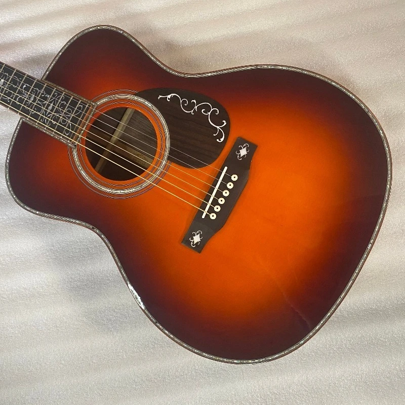 Vintage Sunburst Colour OM45 Orchestra Model Acoustic Guitar Ornate Vine Neck Inlay Wood Guitar For Fingerstyle Free Shipping