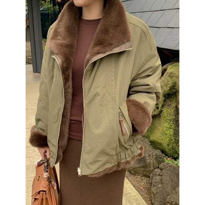 Women's Loose Fit Double-Sided Fur Lined Cotton Jacket Coat Chic Retro Design Autumn Winter Warm Outerwear Korean Style