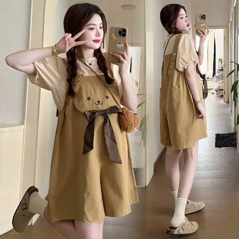 

Summer Cute Maternity Clothing 2025 Korean Style Pregnant Women's Short sleeved T-shirt Strap Pants Clothing 2-Piece Set LH819