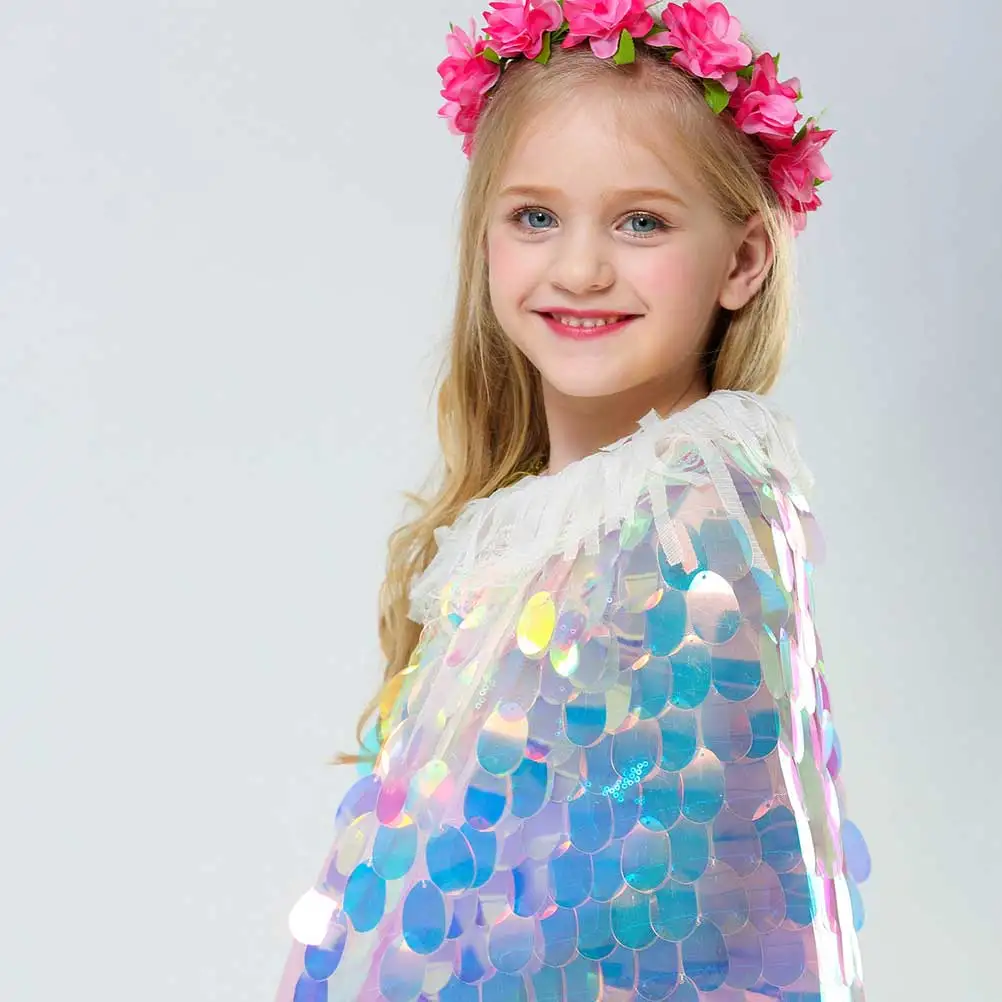 

Rainbow Sequin Cloak Girls Performance Clothes Colorful L Size Easy On Off Soft Comfortable Party Costume Mantle Lovely