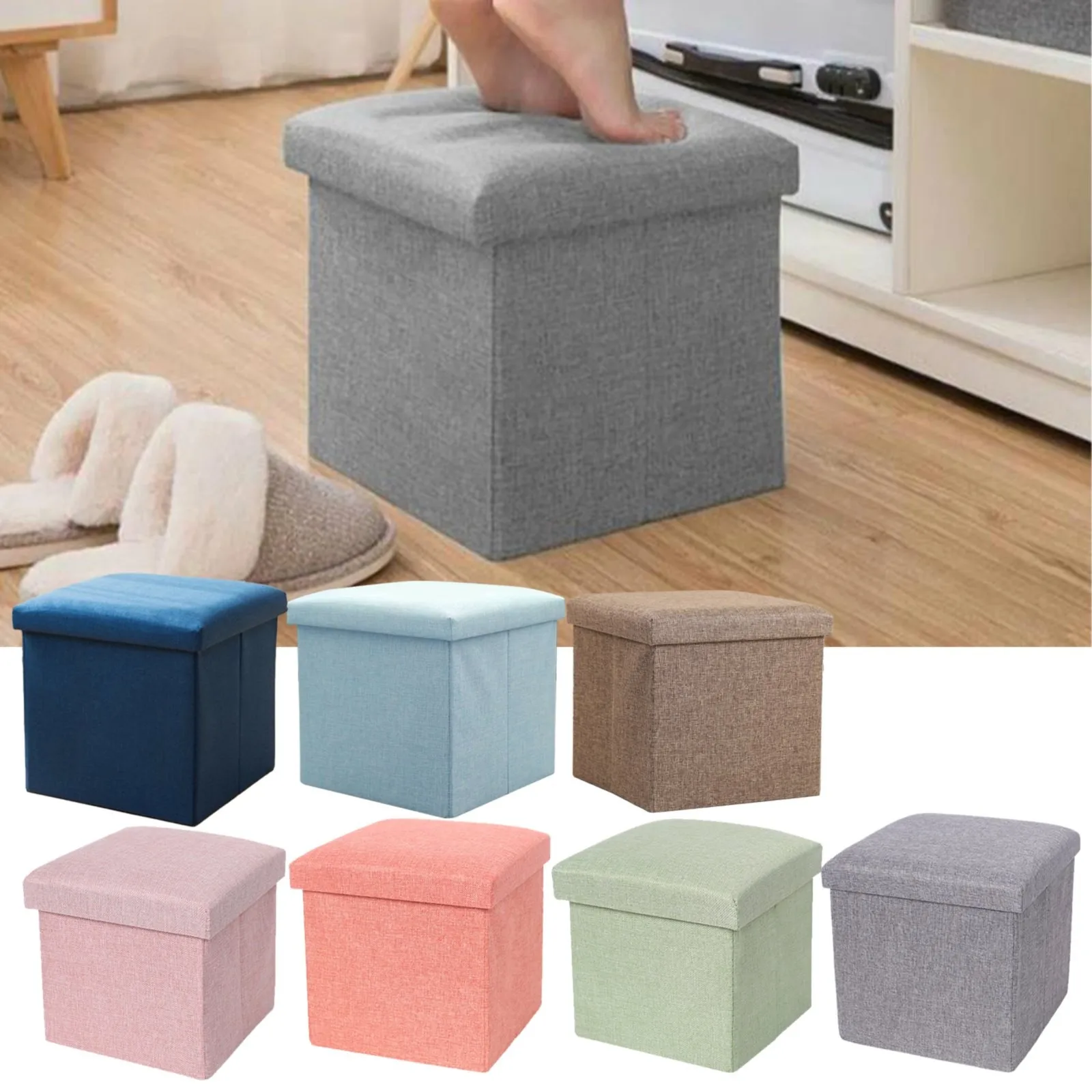 Portable Cubic Storage Foot Stool Foldable Cotton Linen Storage Stool Large Capacity Storage Footstool Multifunctional Furniture