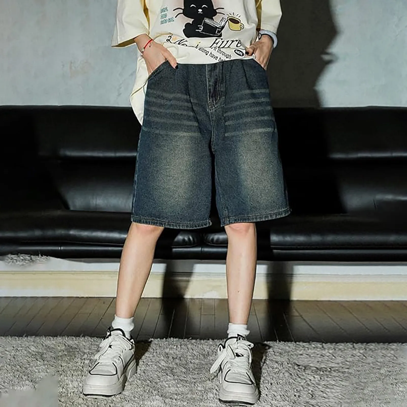 

Мужские мешковатые джинсы, короткие свободные джинсовые шорты для мальчиков, уличные шорты, потертые повседневные мужские джинсовые шорты в американском стиле в стиле Харадзюку