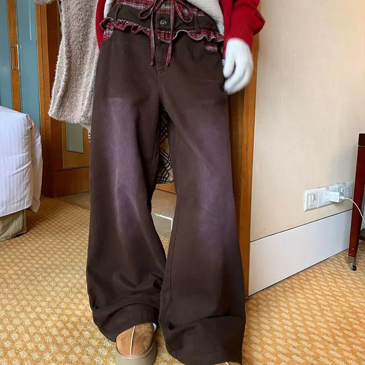

Fashion Vintage Fungus Patchwork Loose Mopping Trousers High Waist Stright Wide Leg Pants Women Street All-match Y2k Trousers