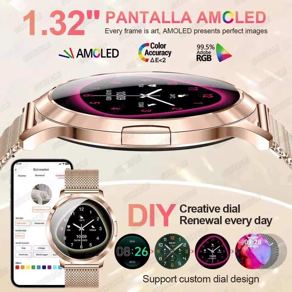 2026New Fashion Fitness Tracker Smart Watch 7.3MM Ultra-thin 1.32”AMOLED 100+dials Blood Pressure Bt Call Waterproof Ladies Gift