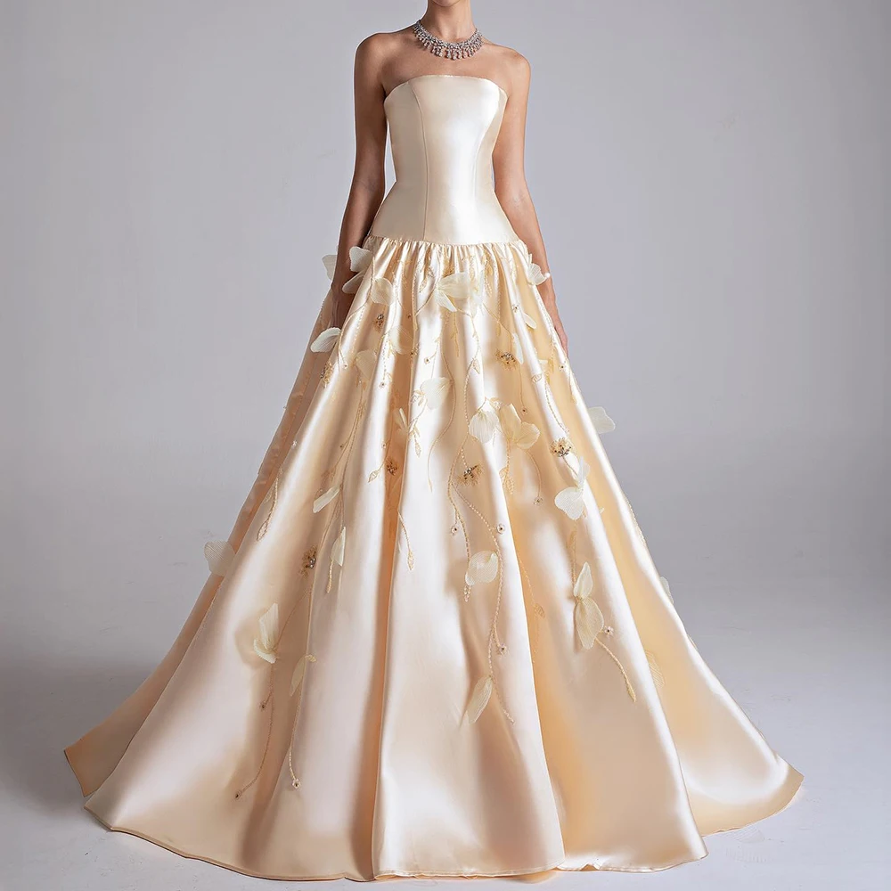 Vestidos de Noche acampanados personalizados, vestido de fiesta sin mangas hasta el suelo, sin tirantes, flores de moda, vestido de fiesta drapeado sencillo sin espalda