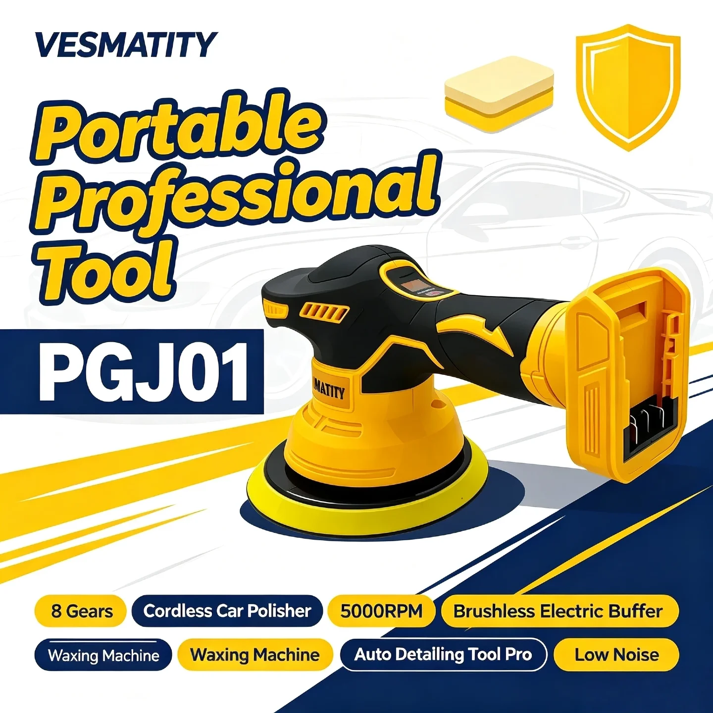 VESMATITY PGJ01 Cordless Car Polisher 8 Gears 5000RPM Digital Display BL Motor 20V for Auto Waxing Polishing Heavy Duty