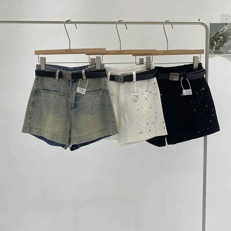 

Retro Rhinestone American Spicy Girl Denim Shorts Women's High Waist Wide Leg Hot Pants Casual Slimming Summer 2024
