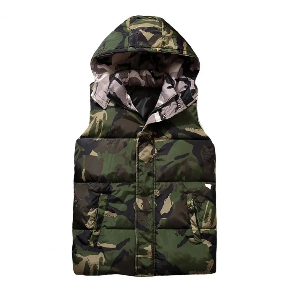 Winter Men Waistcoat Camouflage Thickened Cotton Padded Windproof Zipper Hooded Vest Coat for Daily Wear