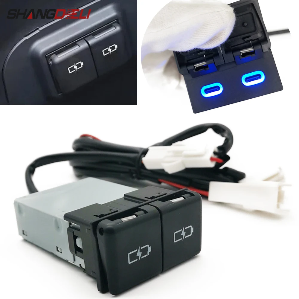 

Синий светодиодный автомобильный зарядный адаптер 25*46 мм с двумя портами Type-C PD для Toyota Camry, Highlander, Sienna (аксессуары)