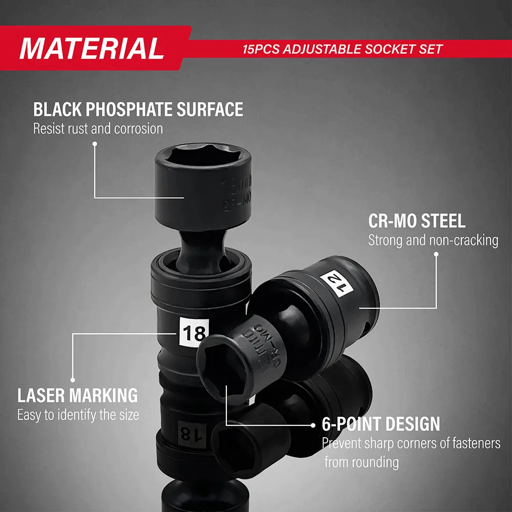 Universal Swivel Impact Socket Set, Premium Cr-Mo Steel | 15-Piece Metric 8mm - 22mm Set | 6 Point | 3/8-Inch Drive